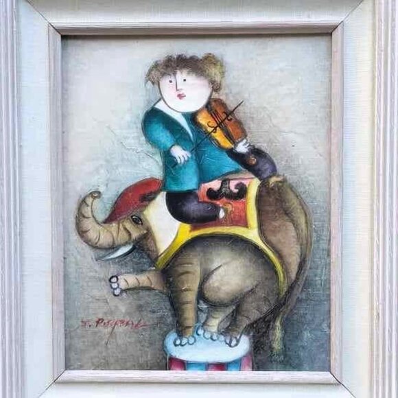 Signed J Roybal Whimsical Violinist on an Elephant Painting Framed - Picture 8 of 11